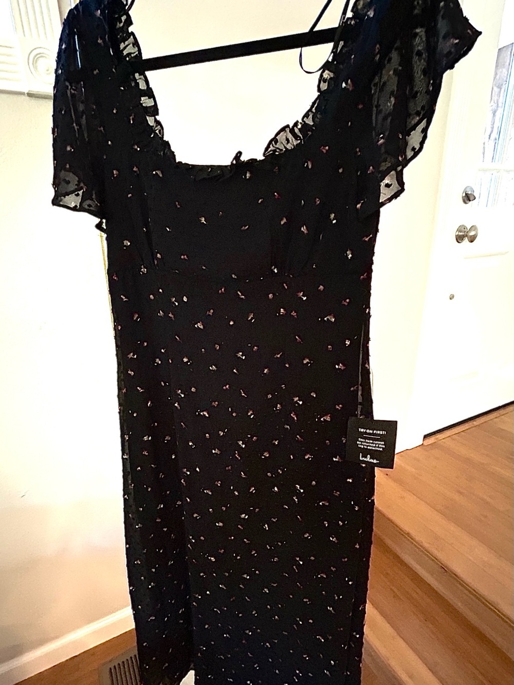NWT Lulus Black Floral Midi Dress Sheer Ruffle Sleeve Romantic